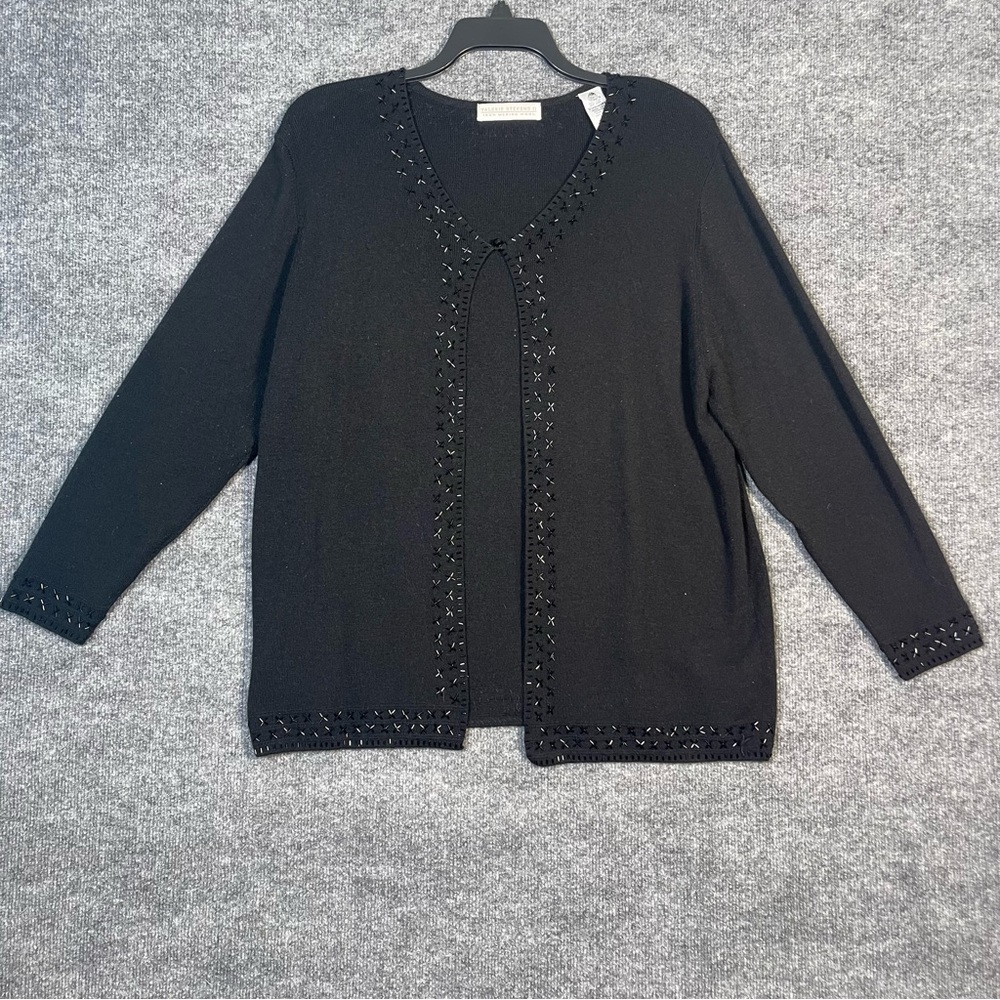 Valerie Stevens Womens 2X Black 100% Merino Wool Beaded Cardigan Festive Vintage